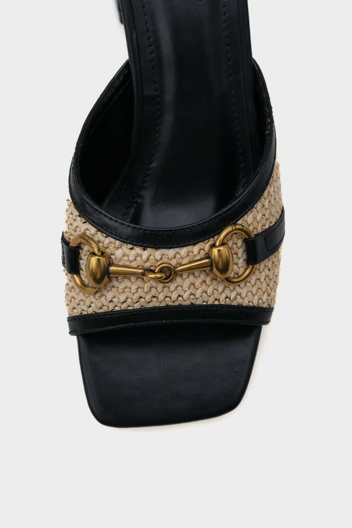 Natalie Hasır Orta Topuklu Ahşap Tokalı Kadın Terlik